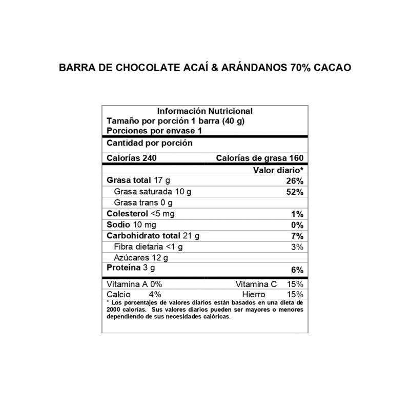 Barra de Chocolate Davida Açaí & Arándanos 70% x40gr