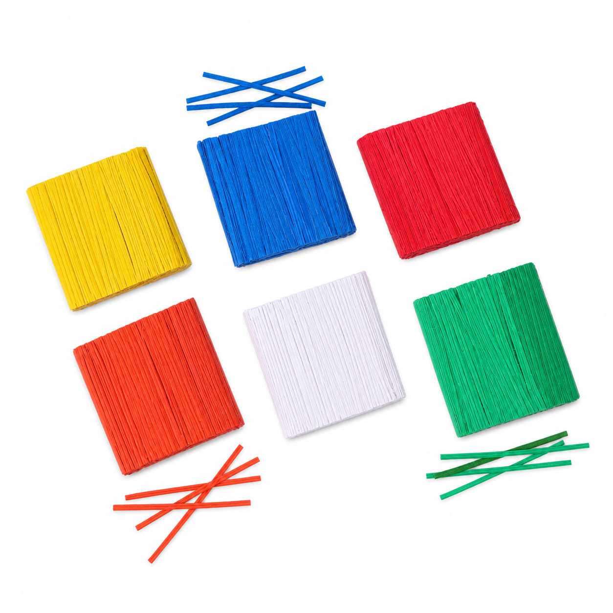Amarres precortados multicolor, fotografía de producto con fondo blanco