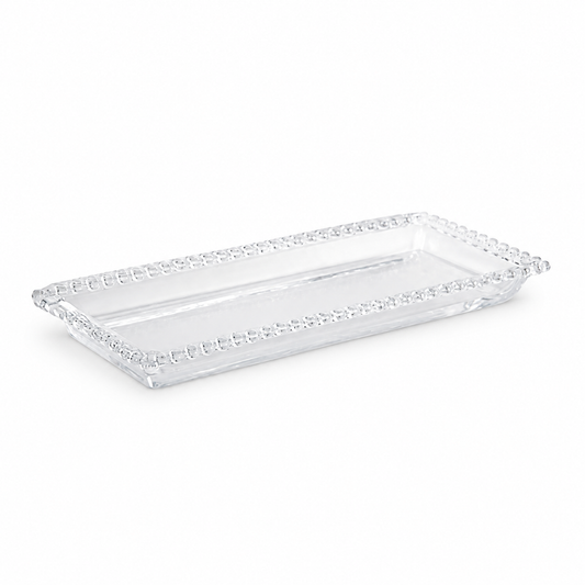 Bandeja rectangular de vidrio, fotografía profesional sobre fondo blanco