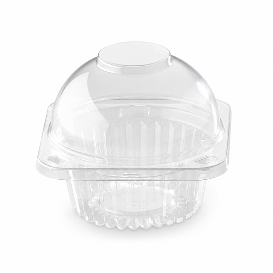 Contenedor transparente VI-1A para cupcake con domo, fotografía profesional sobre fondo blanco