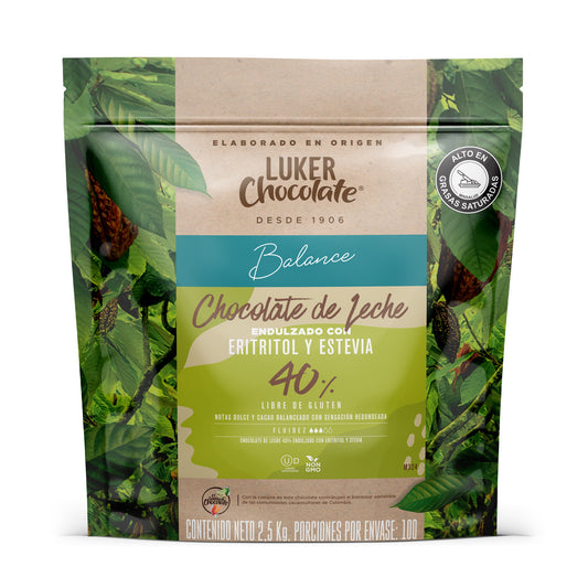 Chocolate de Leche con Eritritol y Estevia 40% X2.5Kg